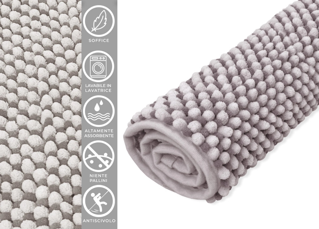 Tappeto Bagno Doccia Antiscivolo In Ciniglia Super Assorbente Modello Dots - Parure 3 Pezzi - Tortora
