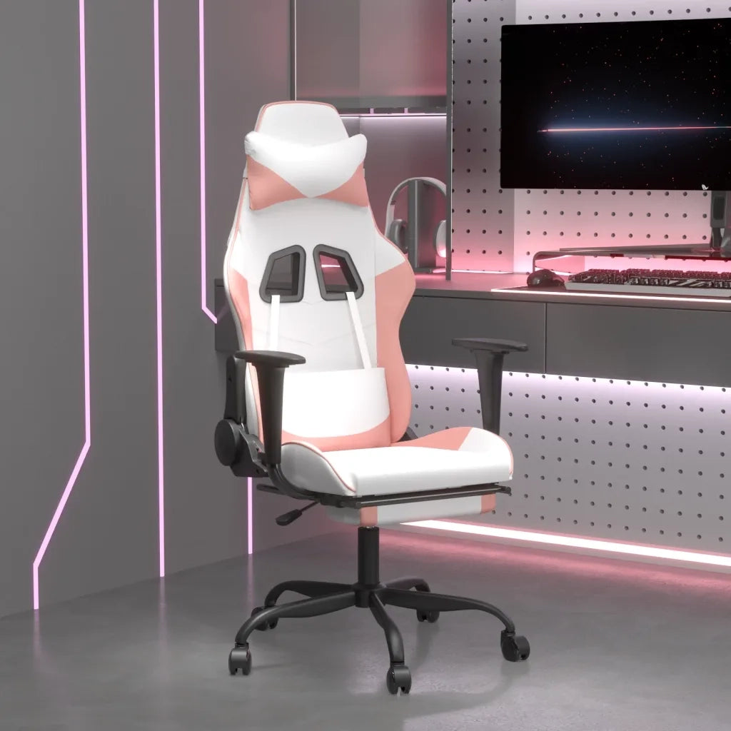 Sedia da Gaming | Sedia da e-sports con Poggiapiedi Bianco e Rosa in Similpelle