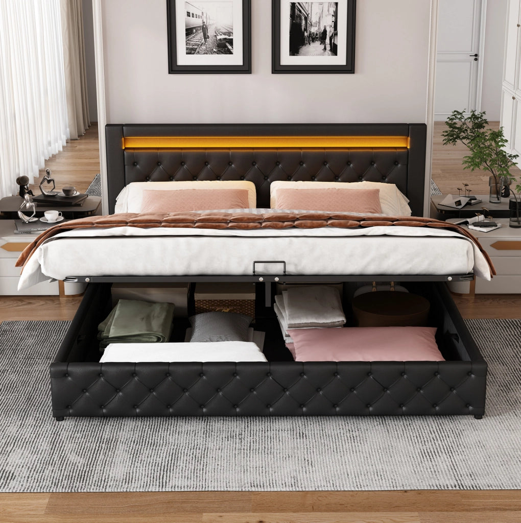 Letto matrimoniale imbottito 160x200 cm con LED e contenitore