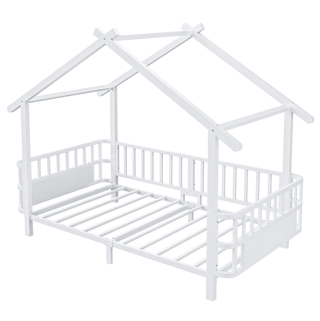 Letto per bambini in metallo a forma di casa 90x200 cm con sponde di sicurezza; bianco