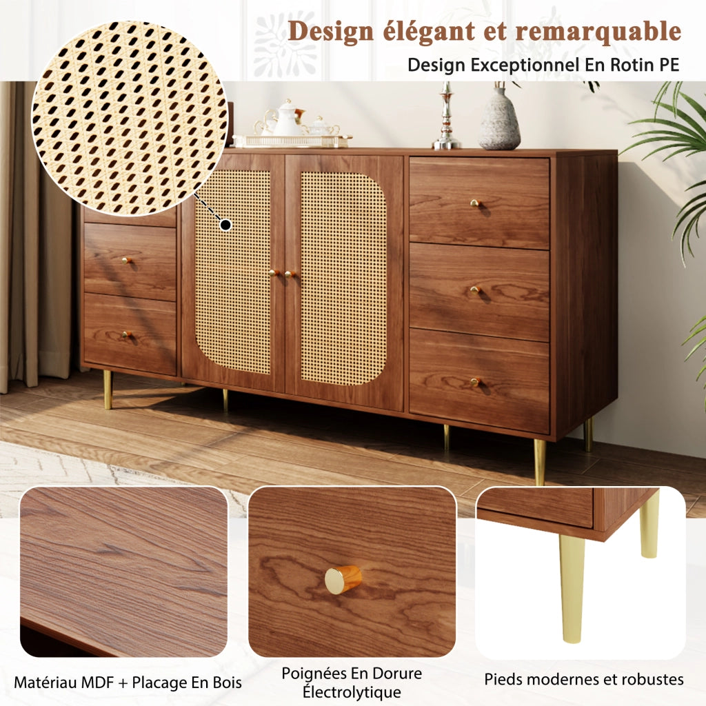 Credenza con 6 Cassetti e 2 Ante in Rattan; Stile Moderno; in MDF; Color Legno; 160??40??90 cm