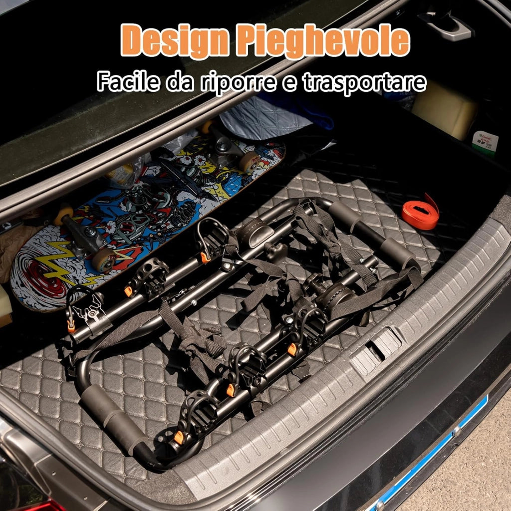 Portabici Posteriore Universale per Auto, Portabici da Portellone per 3 Bici con Lunghezza e Angolo Regolabili, Portata 45 kg, Portabiciclette per Bagagliaio Pieghevole per SUV e Berline