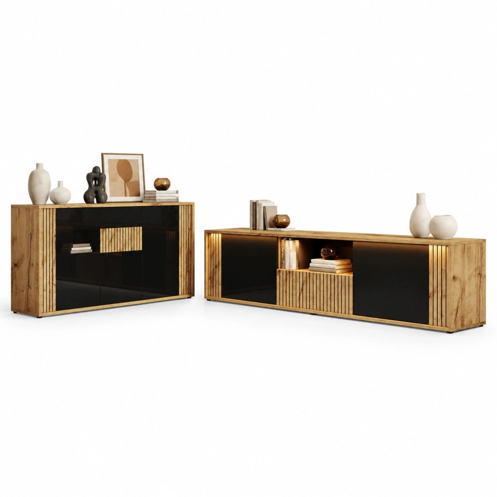 Set mobile TV 180 × 40 × 51 cm e credenza 140 × 35 × 71 cm con LED Bluetooth; nero e naturale