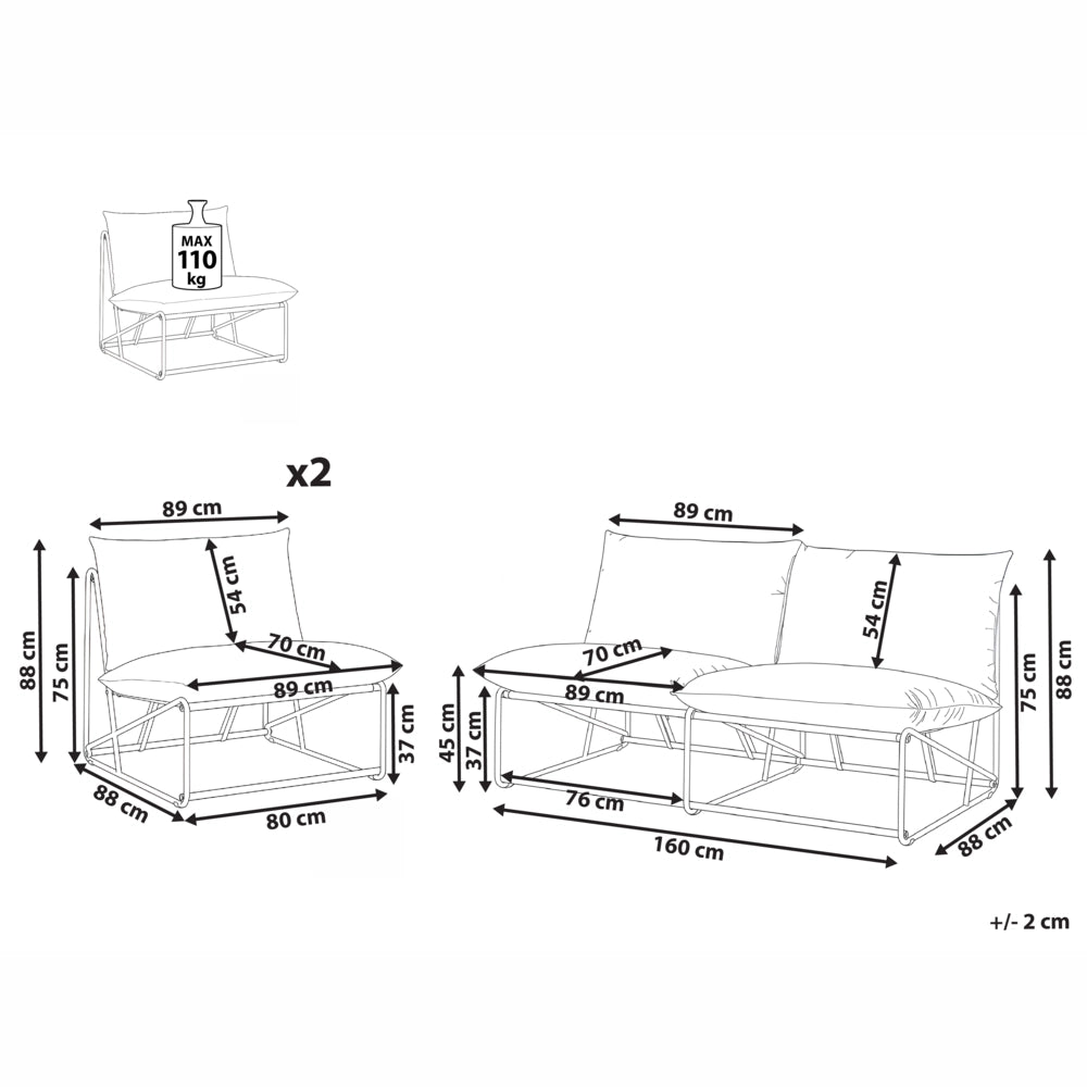 Set 4 posti composto da divano basso oversize e 2 sedie in metallo con cuscini per schienale e seduta interno ed esterno senza braccioli verde