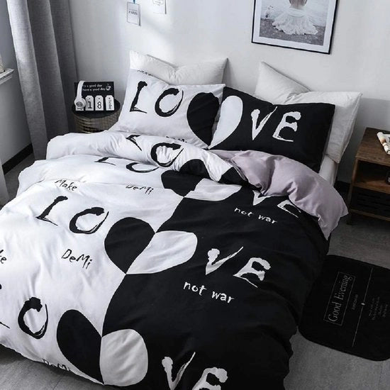 Set di coperte da letto, 200 x 200 cm, coppia amore, 3 pezzi, nero e bianco, set di coperte da letto con chiusura a cerniera, coperta da letto e cuscino coprente, 50 x 75 cm (Amore, 200 x 200)