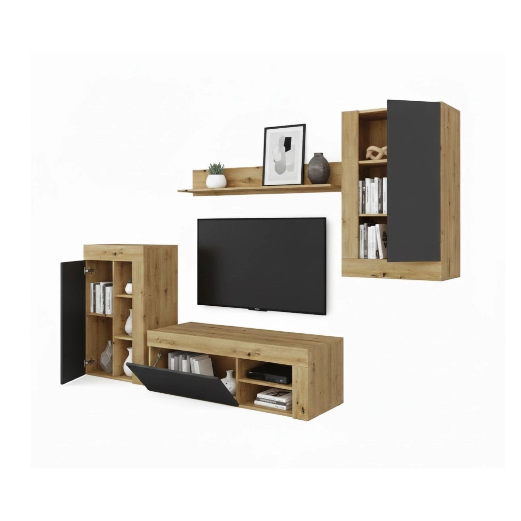 Parete attrezzata Atex, Set da soggiorno moderno, Mobile salotto multiuso, 260x41h102 cm, Rovere Nodi e Antracite