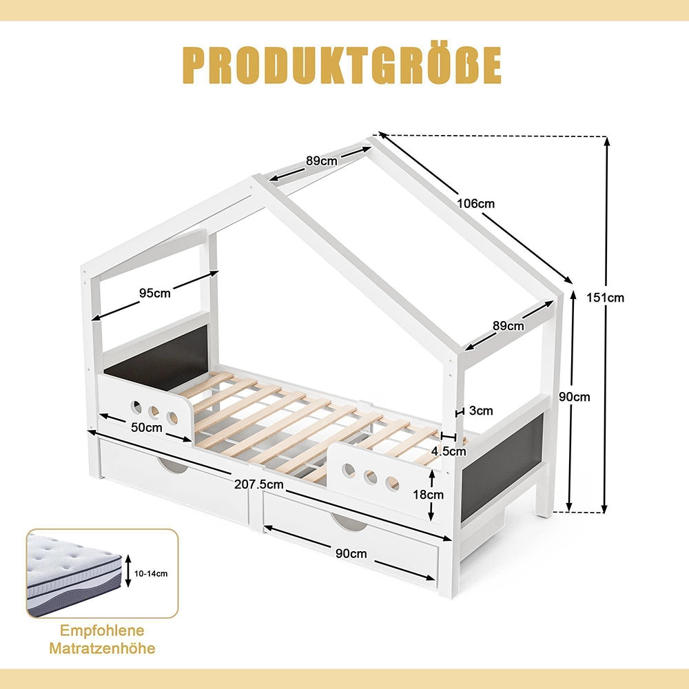 Letto bambino con tetto?- Xylo - 90x200cm 2 cassetti legno