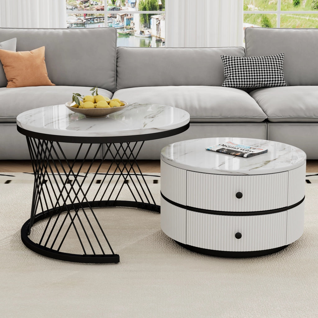 TAVOLINO da caffè set da 2 rotondi effetto marmo bianco MDF con 2 cassetti