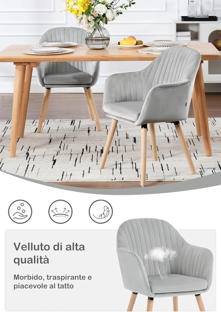 1Pz Sedia da Pranzo Poltroncina per Sala D'attesa Cucina Poltrona con Schienale Braccioli Tessuto in Velluto Gambe di Legno Grigio Chiaro BH95hgr-1