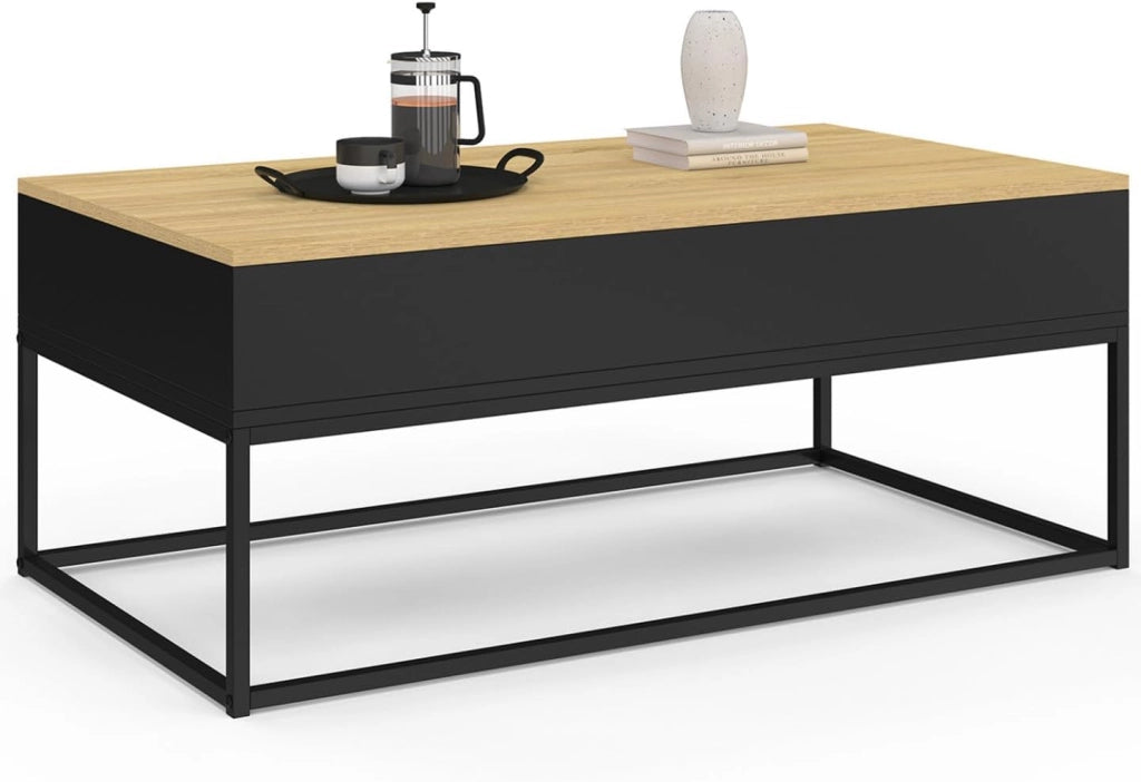 Tavolino rettangolare con piano sollevabile BOSTON 100 cm nero design industriale piano in legno