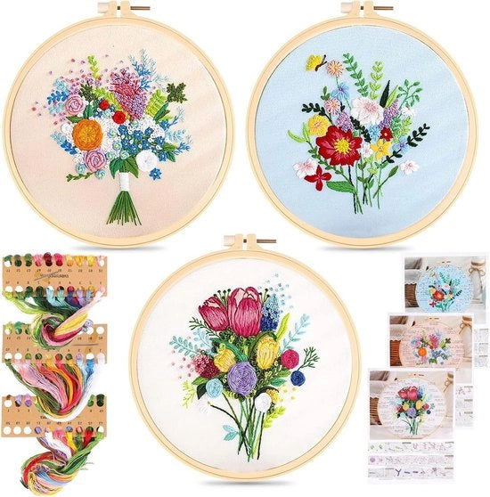 Set di cucito per principianti - 3 pezzi di cucito punto croce set - disegno di fiori piante - set di punto croce - strumento di cucito regolabile a cerchio - set per principianti con disegni e istruzioni - possibilità di aggiunta di contenuto HTML