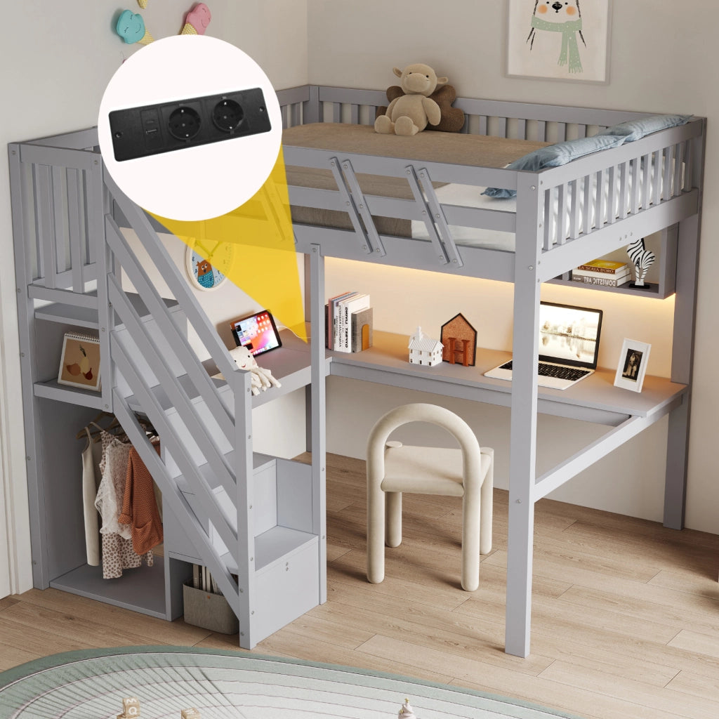 Letto a soppalco 140x200 cm con scrivania; scale contenitore e LED; grigio