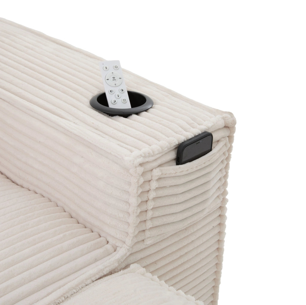 Divano modulare beige in velluto a coste con portabicchieri