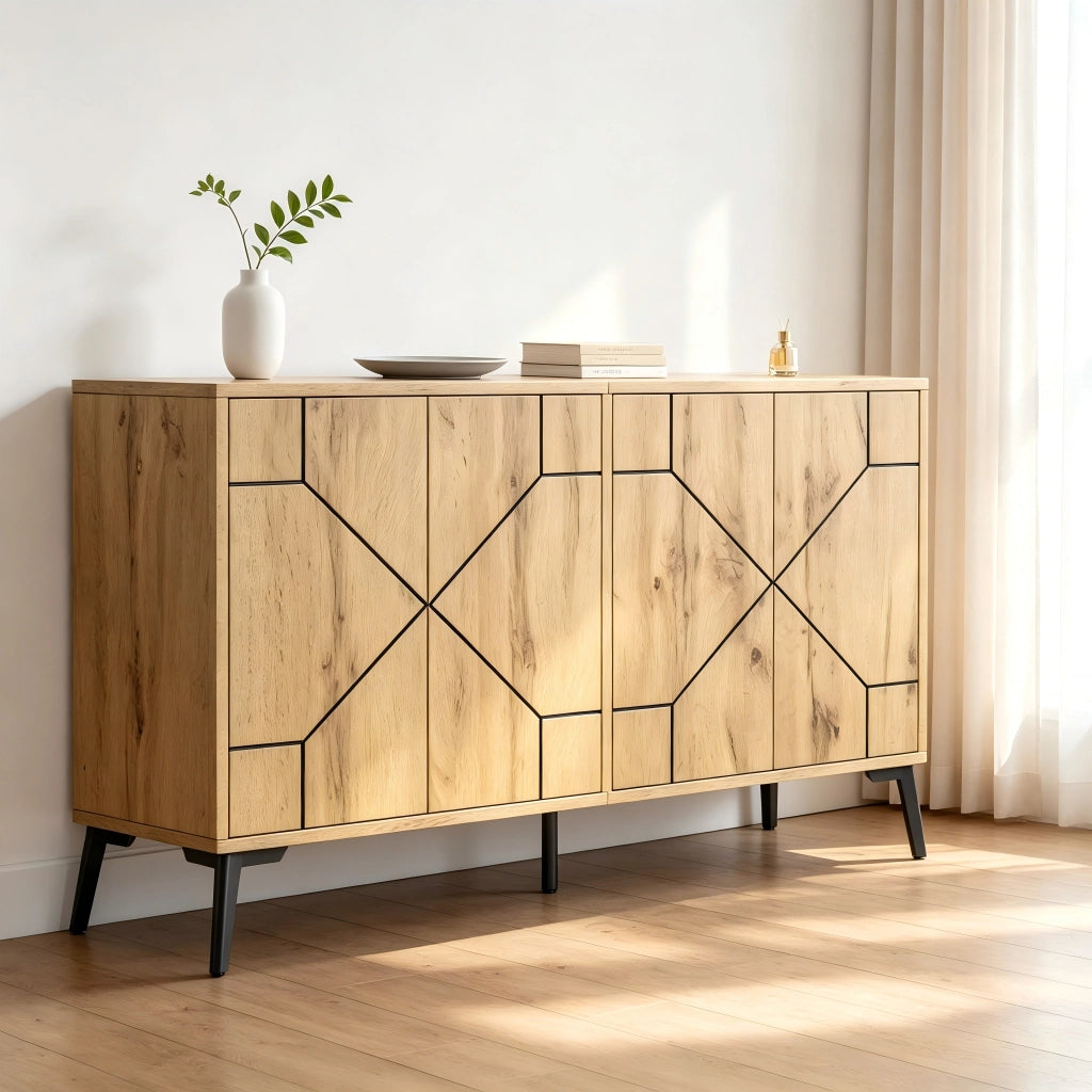 Credenza con 4 ante e 4 vani; apertura a pressione - per soggiorno - in MDF - 120×35×69 cm - naturale