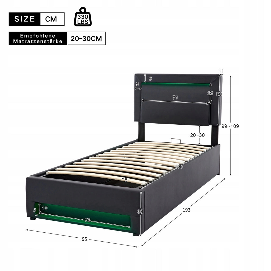 Letto singolo 90x190cm - Xylo - USB, LED, nero PU, senza materasso
