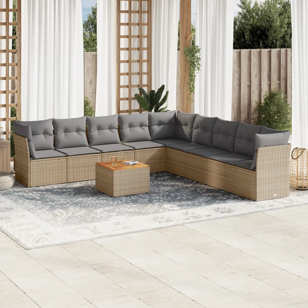 Set Divano da Giardino 10 pz con Cuscini Beige Misto Polyrattan