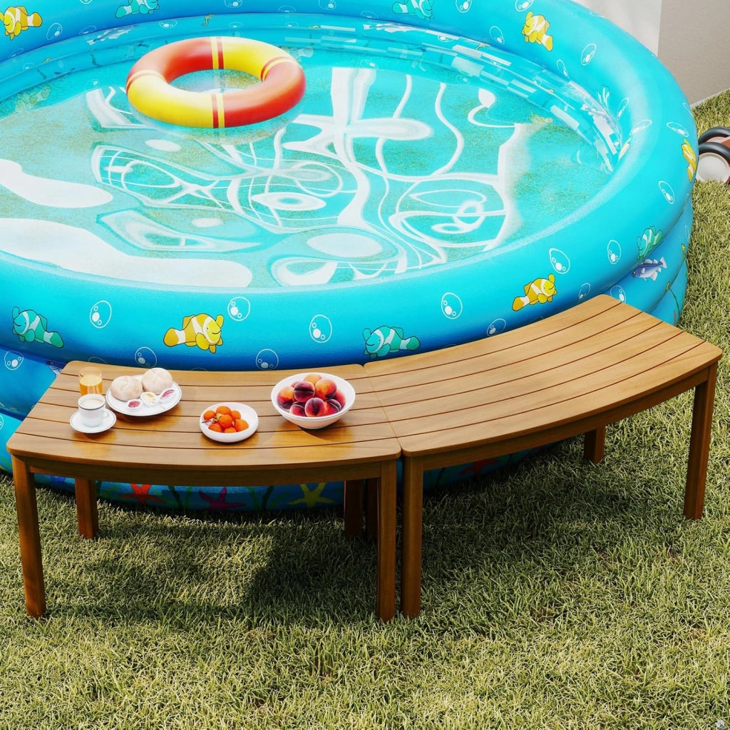 Set da 2 Panchine Curve in Legno di Acacia, Panchina Senza Schienale con Portata 360, Panca da Esterno per Veranda, Terrazza, Giardino e Fuoco da Campo (4)
