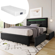 Letto singolo – 90x200 cm – LED 2 cassetti con materasso – legno nero