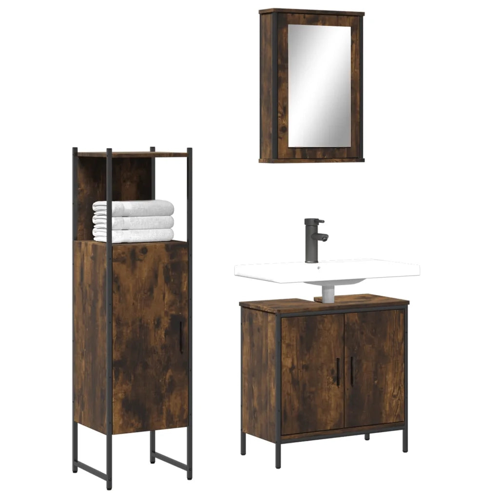 Set Mobili da Bagno | Armadio da bagno 3 pz Rovere Fumo in Legno Multistrato