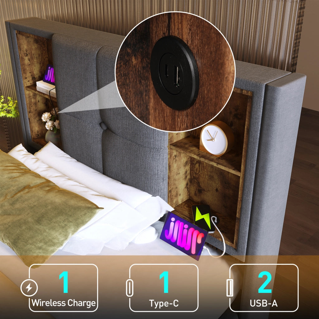 LETTO 90x200 cm Imbottito Grigio Cotone con Ricarica Wireless e USB