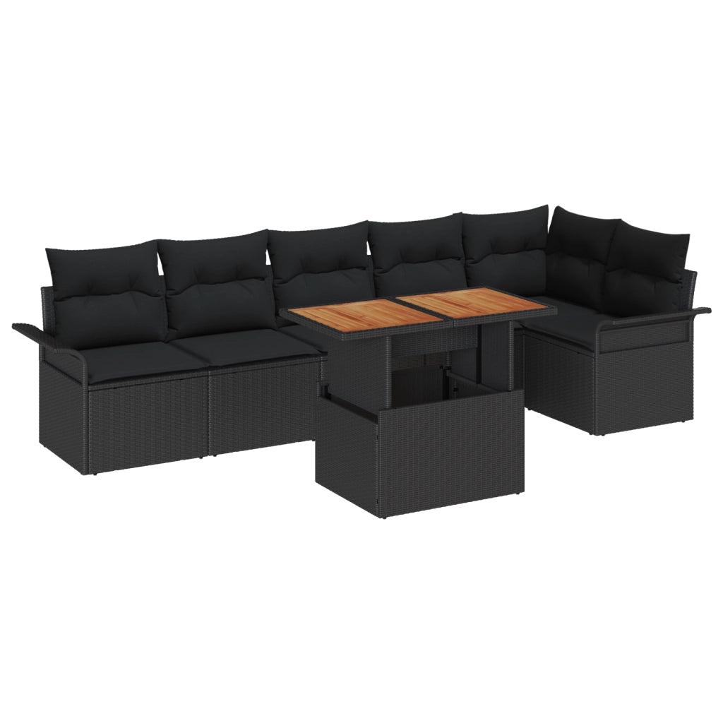 Set da Pranzo da Giardino 7 Pezzi con Cuscini Nero Rattan Polietilene Acacia