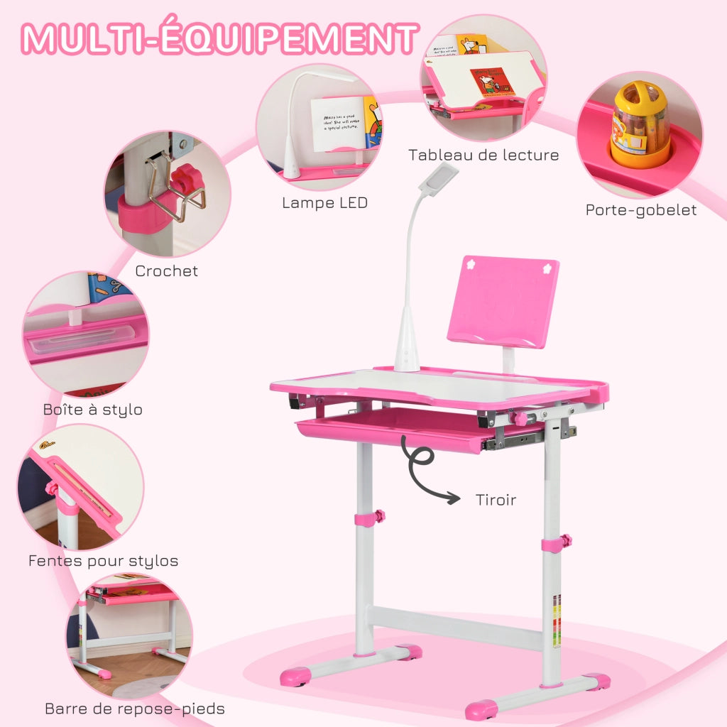 Scrivania per bambini con lampada LED regolabile ¨C zephmum ¨C rosa 90x50x75
