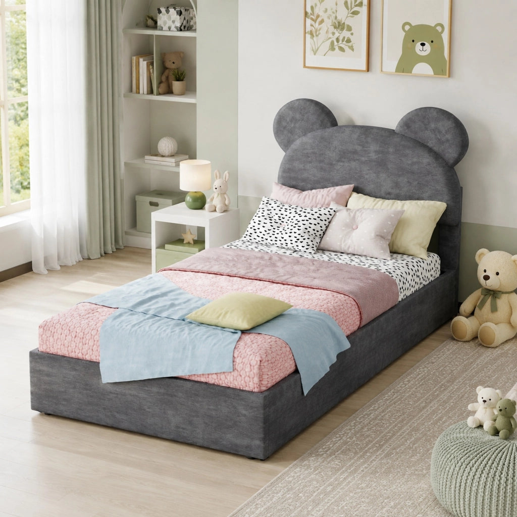 Letto imbottito 90x200 cm con contenitore a sollevamento pneumatico; tessuto e metallo; grigio