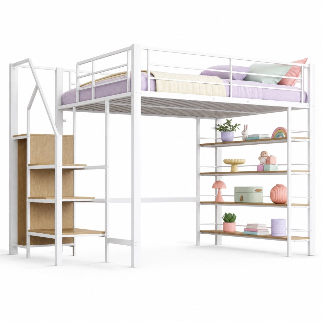 Letto a soppalco 140 x 200 cm bianco con scala contenitore e ripiani