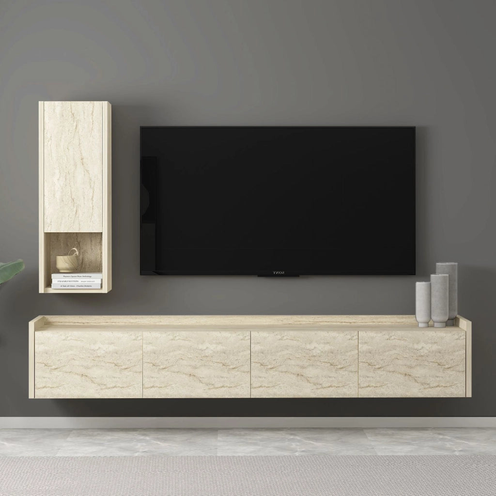 Porta TV in legno "Sema" con mensola a muro - 160 x 30 x 35 cm - Travertino