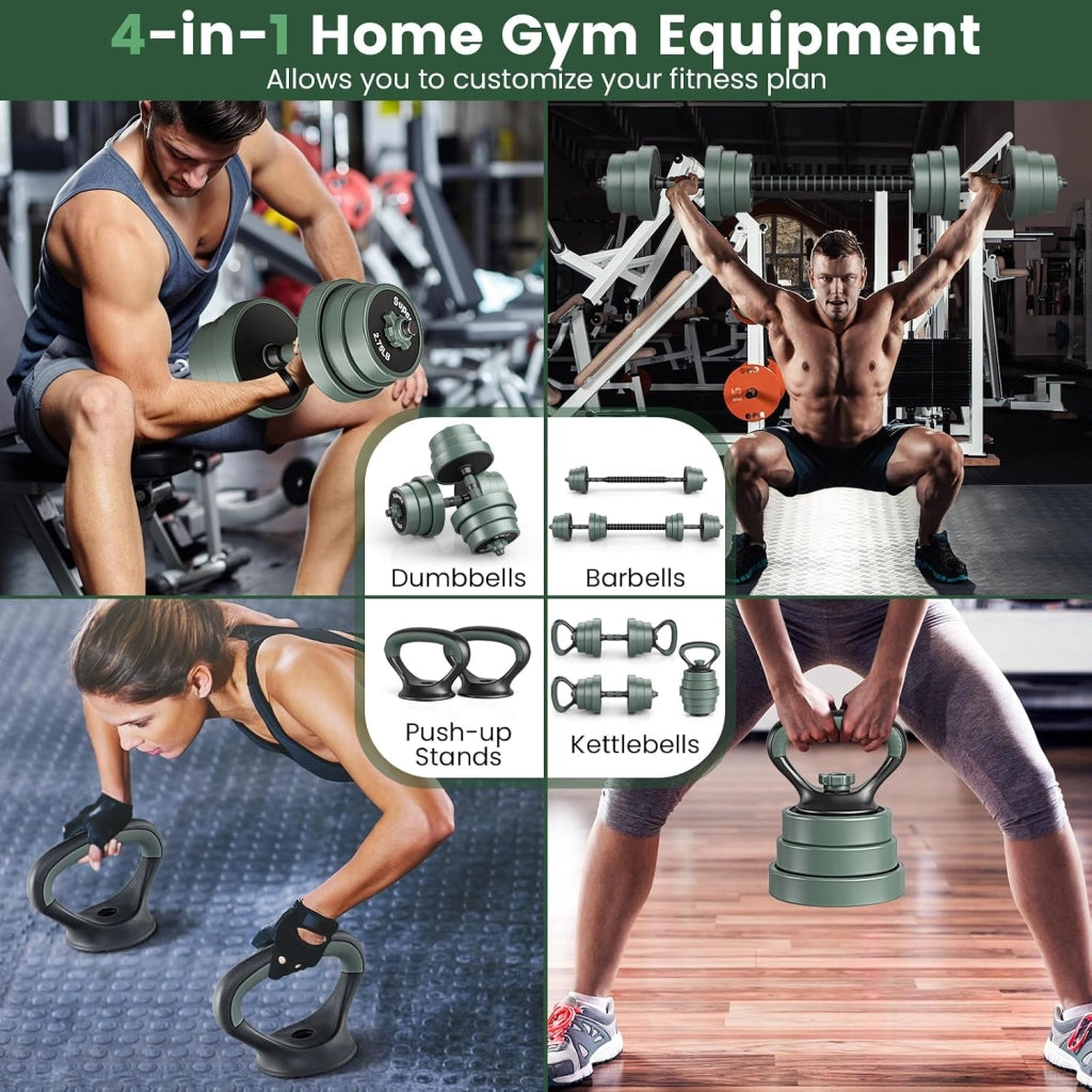 Manubri Regolabili 4 in 1, Set Pesi Palestra Casa, Include Manubri, Bilancieri, Kettlebell, Flessioni, per Ufficio, Allenamento della Forza, Fitness, per Uomini e Donne, Nero+Verde