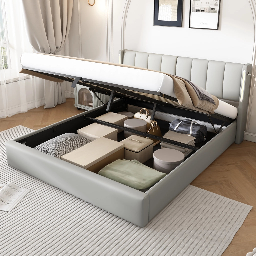 Letto Contenitore Matrimoniale 180x200 cm; USB; LED; Testiera Regolabile; in PU Grigio