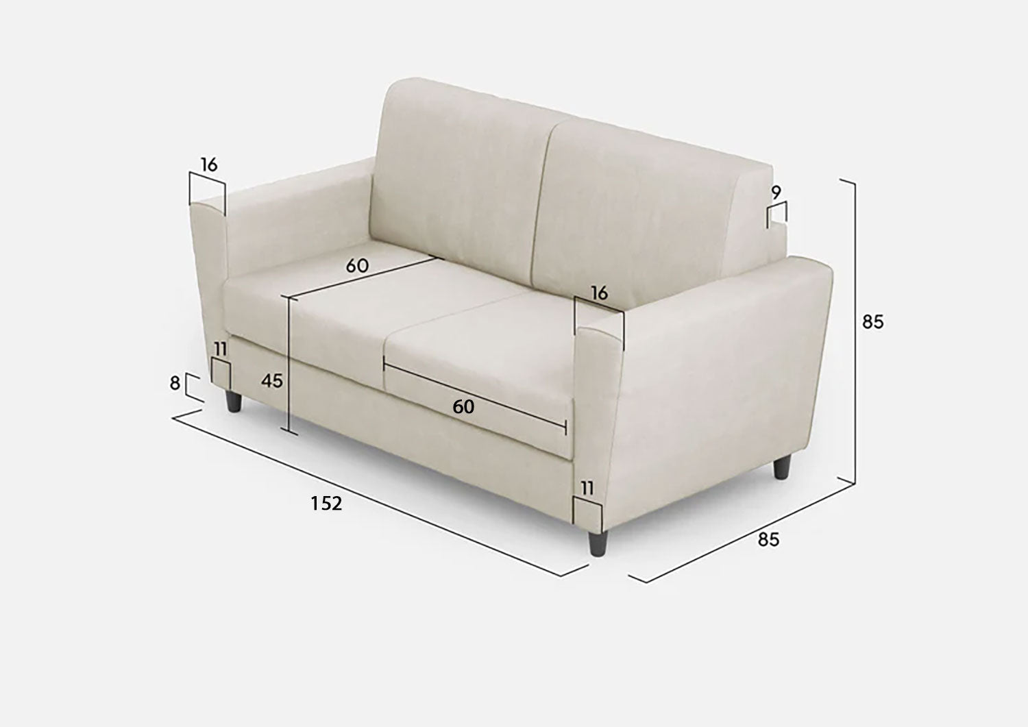 Divano 2 Posti 152x85x85 cm Yasel in Tessuto Latte