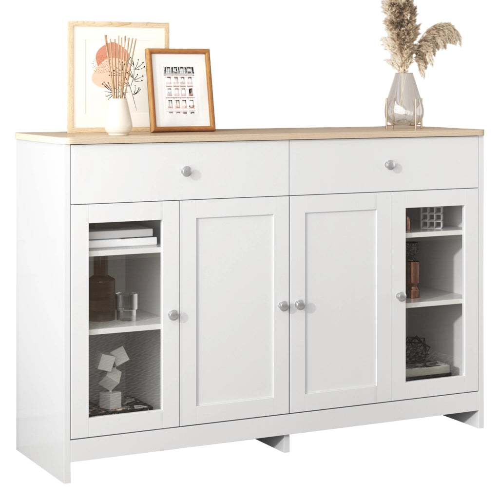 Sideboard rustico 120 cm con 2 cassetti; 4 ante e ripiani regolabili; bianco e legno