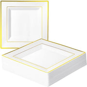 Piatti da dessert in plastica bianca con bordo dorato (quadrati, 16,5 cm) - Piatti in plastica riciclabili, piatti da festa per matrimoni, compleanni e feste - Servizio da festa elegante e robusto