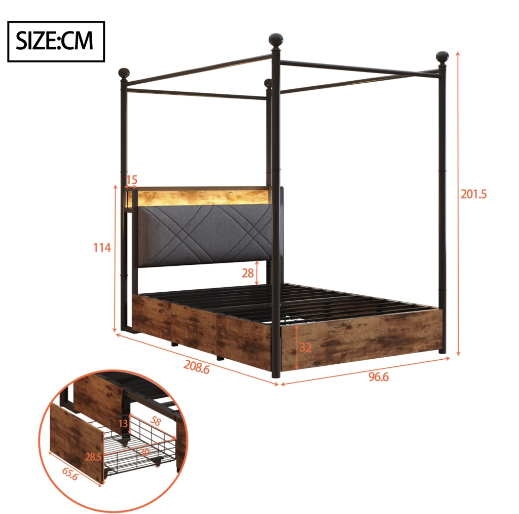 Letto singolo multifunzione 90x190 cm con baldacchino removibile; LED; USB e struttura nera in metallo