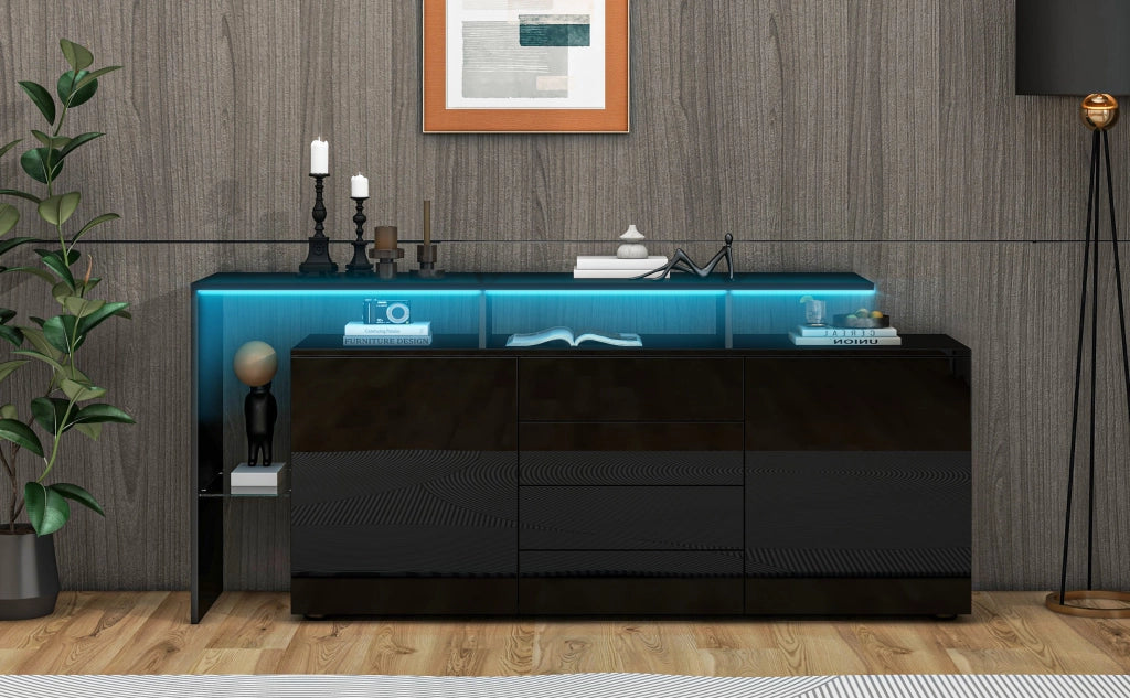 Comò Sideboard con LED, Mobile Soggiorno Nero Lucido, Credenza TV Highboard Multiuso
