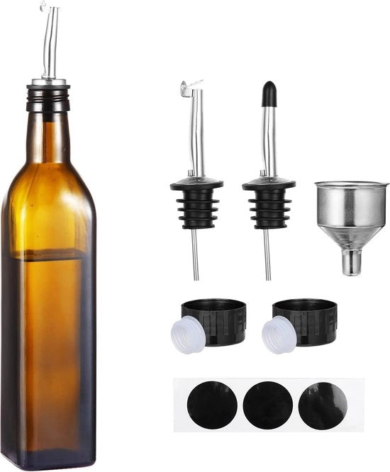 Olio contenitore, 500 ml olio contenitore con imbuto, chiusura automatica, dispensatore acido e oleico, bottiglia in vetro, impermeabile e lavabile in lavastoviglie - 1 pezzo marrone