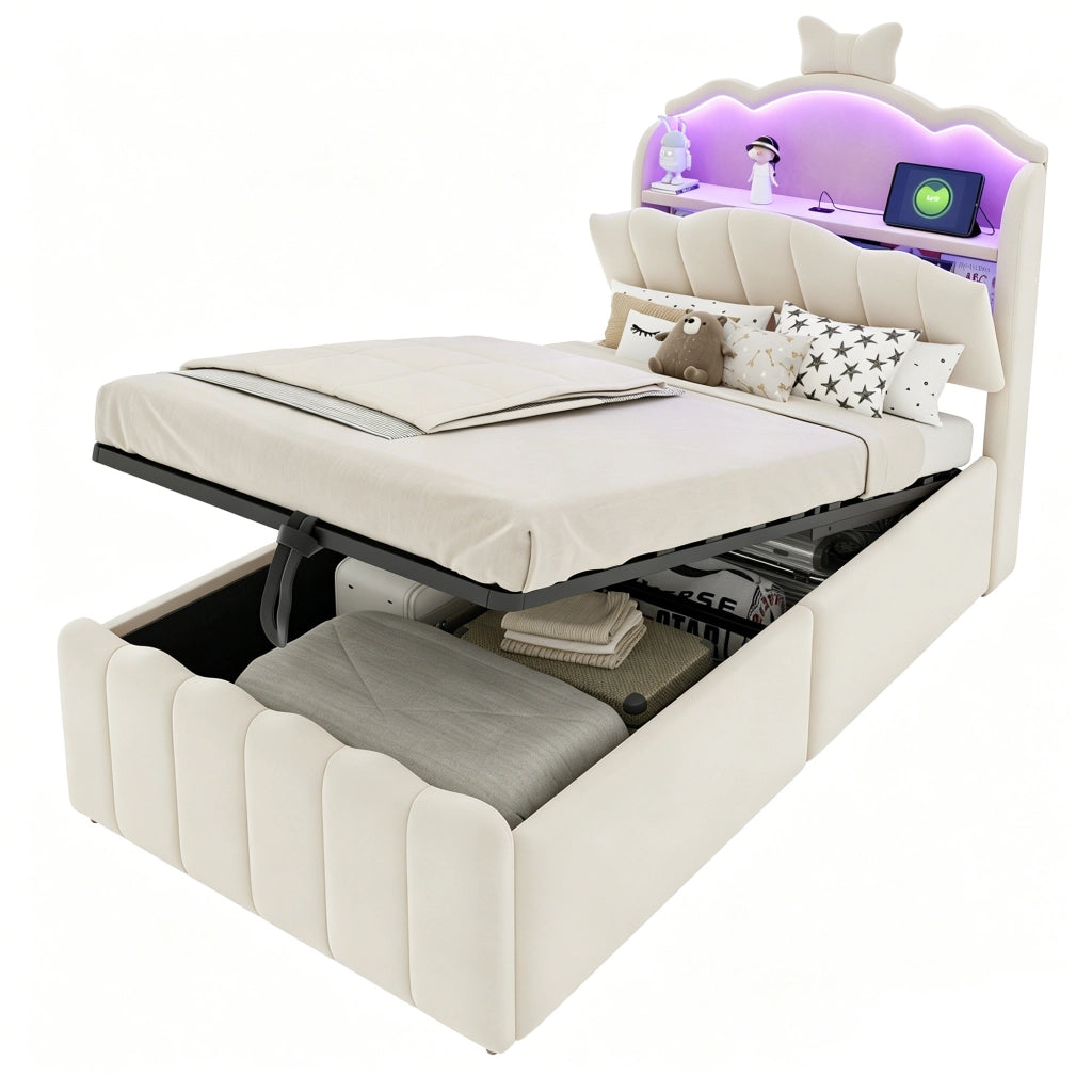 Letto per bambini 90 × 200 cm con contenitore idraulico, LED a colori, USB e USB-C, senza materasso, beige