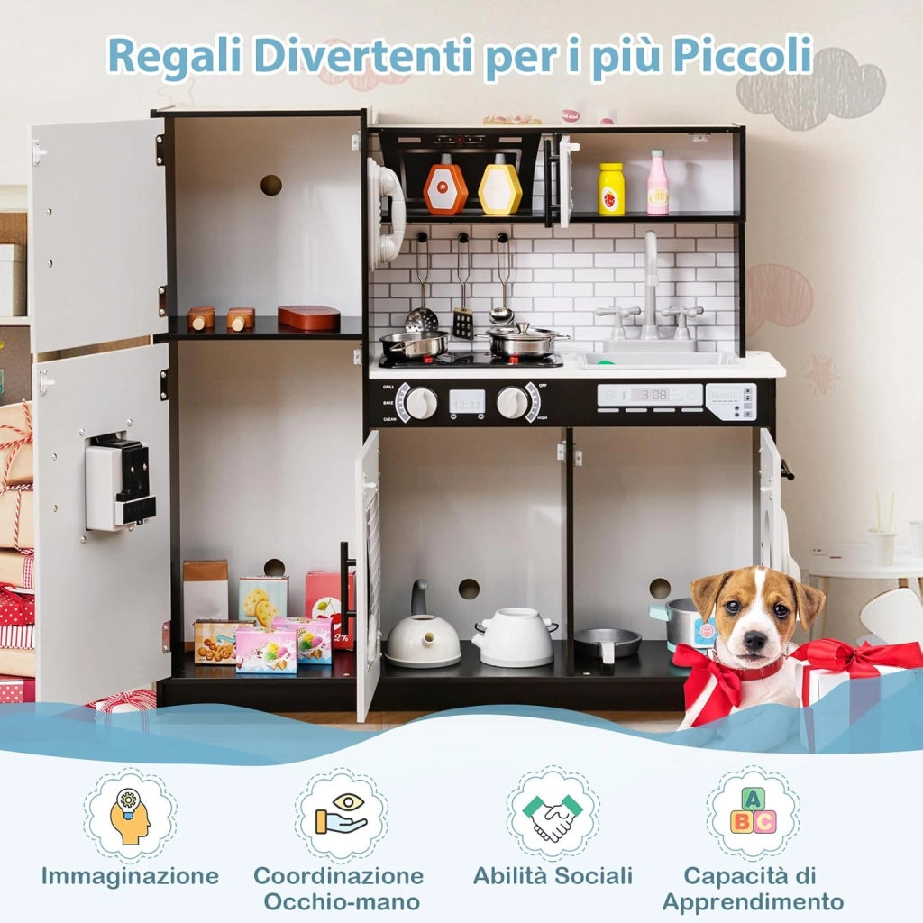 Cucina Giocattolo per Bambini, Cucina Legno per Bambini con Forno, Microonde, Lavatrice, Telefono, Lavello Rimovibile e Rubinetto Rotante, con Luci e Suoni, per Bambini di 3+ Anni (Nero)
