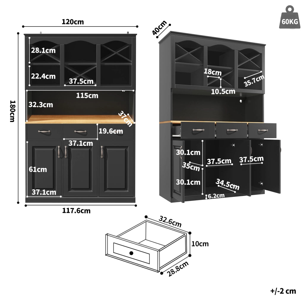 OKWISH Credenza da Cucina Alta con 3 Ante e 3 Cassetti, Ripiani Regolabili, LED, per Cucina, MDF, Nero, 120×40×180 cm