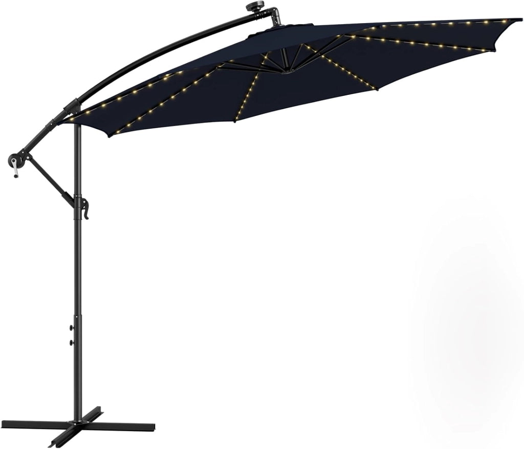 Ombrellone da Giardino ∅303 cm Decentrato, con 112 Luci LED ad Energia Solare, con Manovella, Inclinazione Regolabile, 8 Stecche, Ombrellone da Esterno per Giardino Piscina Cortile (Marino)