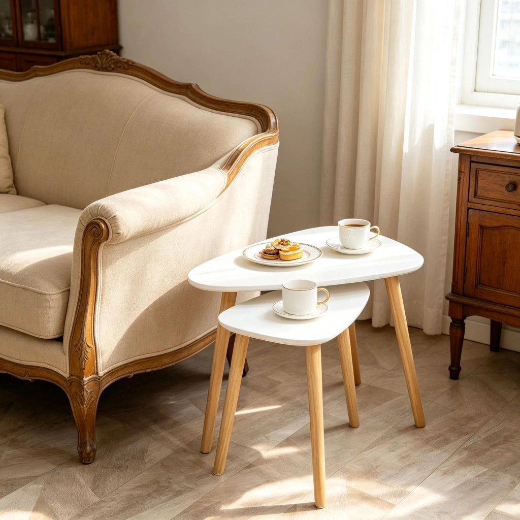 Set di tavolini bassi modulari con 2 piani e 3 vani, per soggiorno, in MDF e legno di pino, bianco naturale