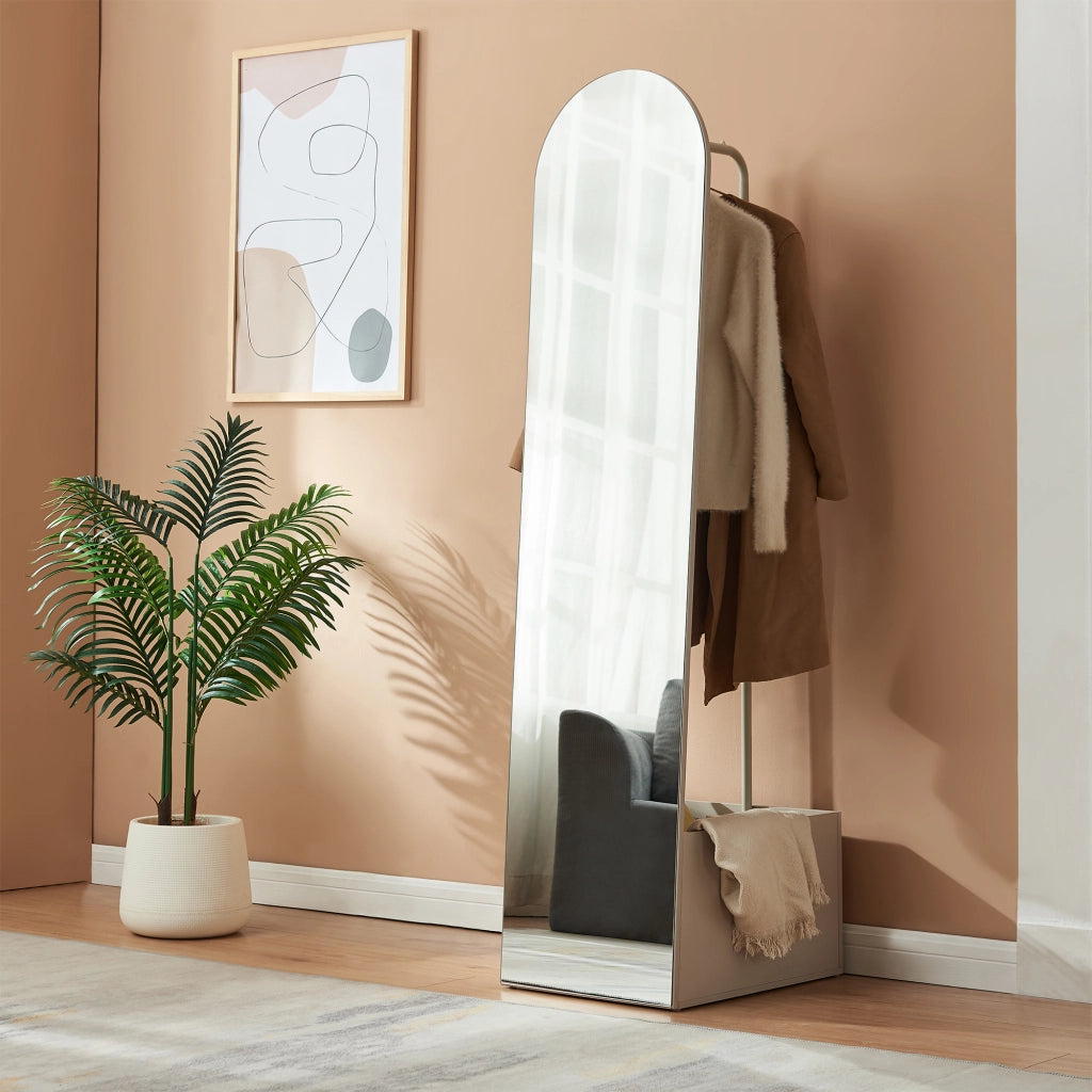 Specchio da Terra Ovale Kuonta con Appendiabiti e Vano Portaoggetti 165x40x51 cm - Avena Oatmeal [en.casa]