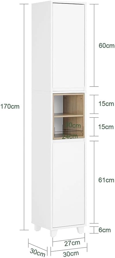 Mobile Bagno Alto e Stretto – Armadietto Salvaspazio con Ripiani Aperti e Ante – Mobiletto Bagno Bianco in MDF/PB, 30x170x30 cm, Modello BZR147-W