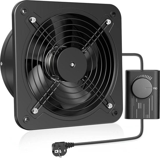 Ventilatore di scarico 200 mm con regolatore di velocità - Silenzioso e efficiente in energia - Con valvola di ritorno - Spina EU - Per garage cucina soffitta ventilazione finestra