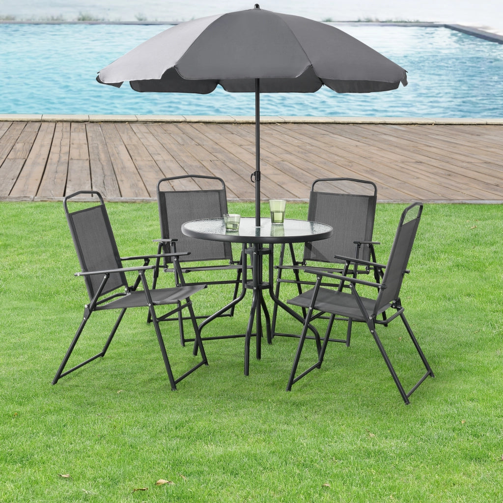 Set Mobili da Giardino Composto di Tavolo, 4 Sedie e Ombrellone - Set di Arredo ad Uso Esterno con Sedie Pieghevoli, Piano Tavolo in Vetro Temperato