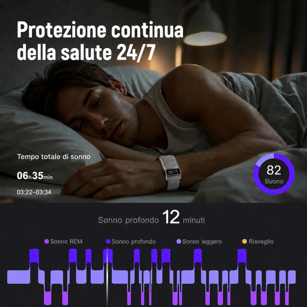 Smartwatch Orologio connesso con display nascosto; monitoraggio 24 ore su 24 della salute: battito cardiaco; HRV; SpO2 e sonno; 2 braccialetti; app gratuita per iOS e Android - Argento