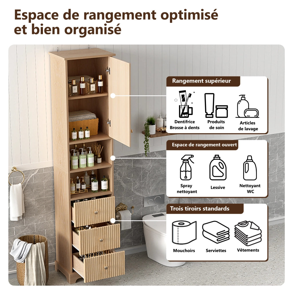 Armadietto da bagno con 3 cassetti, anta e 2 vani aperti, ripiano regolabile, in MDF naturale, 40 × 30 × 172 cm