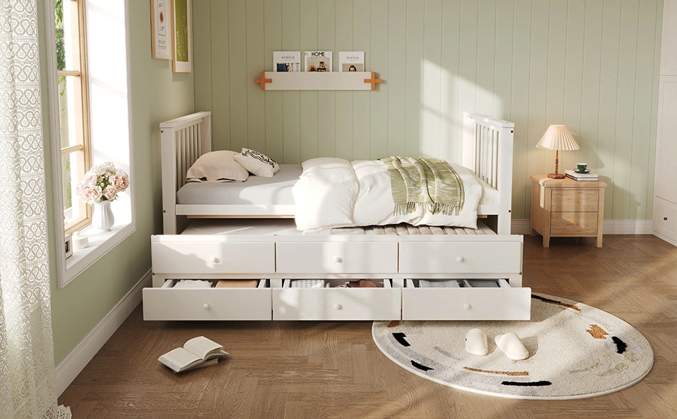 Letto singolo estraibile con tre cassetti in legno e MDF bianco per bambini e ospiti dal design elegante