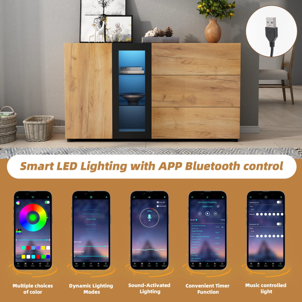 Credenza con 3 cassetti; 1 anta e LED APP - per soggiorno - 140×40×80 cm